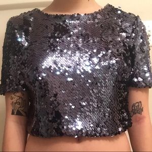 cropped navy blue seguin top